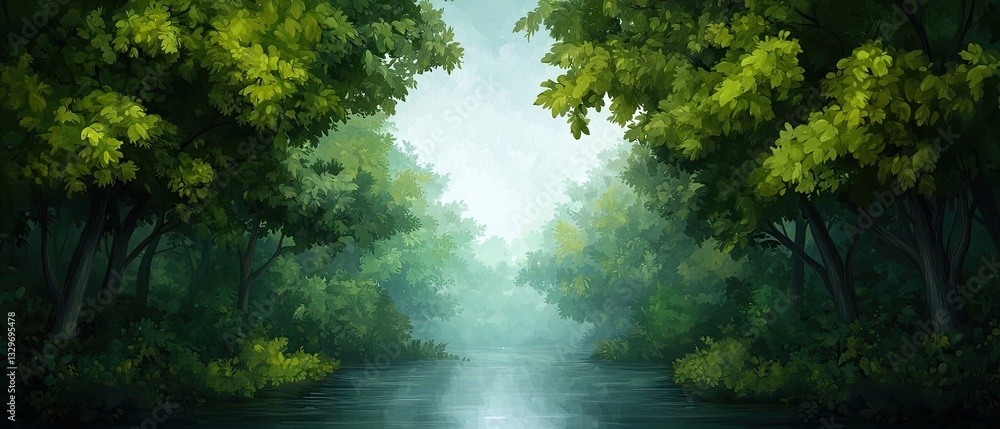 A serene forest landscape with lush green trees and a calm river reflecting the tranquil atmosphere. A serene forest landscape with lush green trees and a calm river reflecting the tranquil atmosphere.