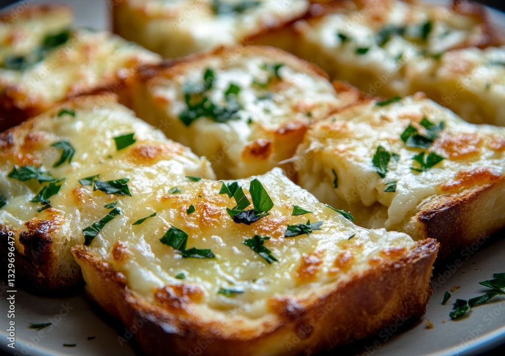 Delicious Toasted Bread Slices Topped with Melted Cheese and Parsley Delicious Toasted Bread Slices Topped with Melted Cheese and Parsley