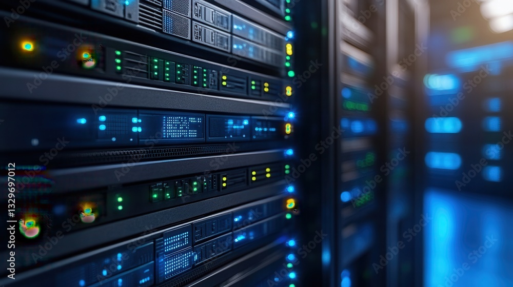 computer security concept, Data servers with blue lights in a modern tech environment. computer security concept, Data servers with blue lights in a modern tech environment.