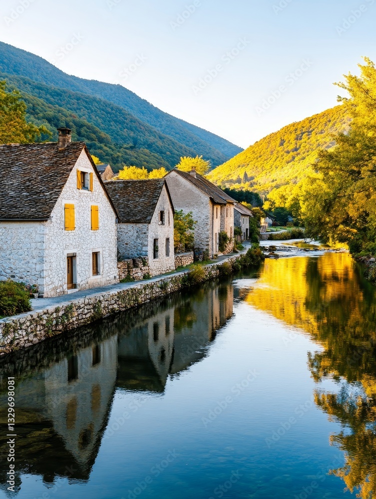 Peaceful River Village at Sunrise - Picturesque village homes line a calm river reflecting the golden sunrise light on the autumnal hills. Serene, idyllic, tranquil Peaceful River Village at Sunrise - Picturesque village homes line a calm river reflecting the golden sunrise light on the autumnal hills. Serene, idyllic, tranquil