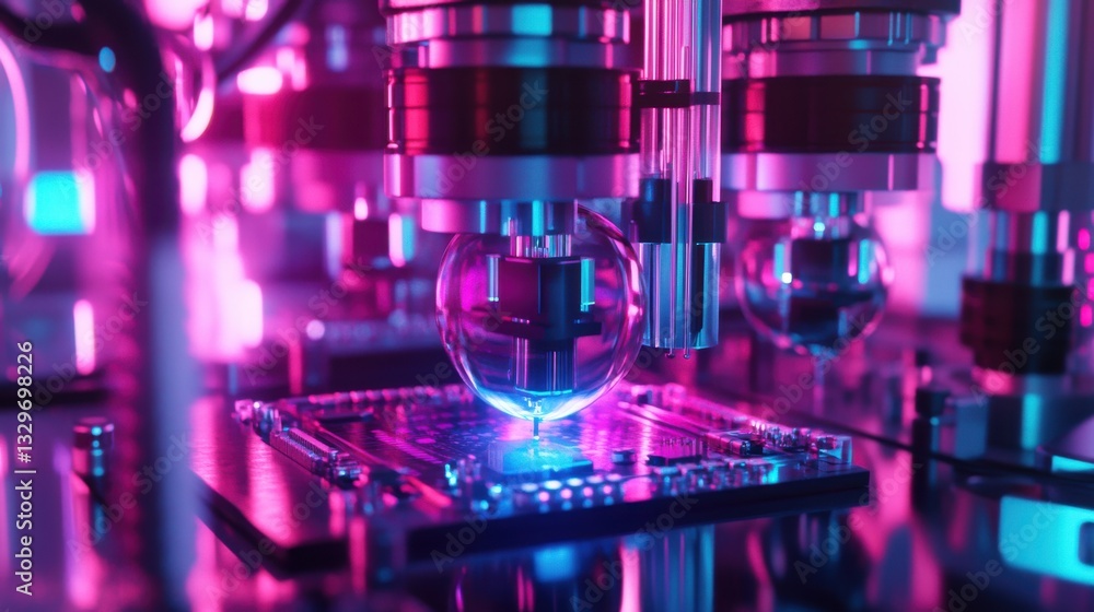Close-up of a superconducting qubit chip under analysis Close-up of a superconducting qubit chip under analysis