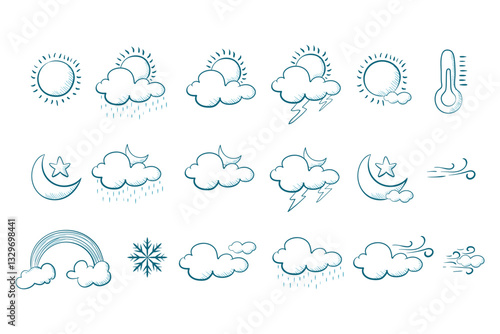 Line Art of Weather Icons,Cute and simple Icons for Decor, Weather icon set for decor and sticker