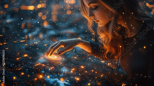 A young woman interacts with a luminous, ethereal surface, bathed in warm, otherworldly light.  Soft, glowing sparks and light particles surround her
