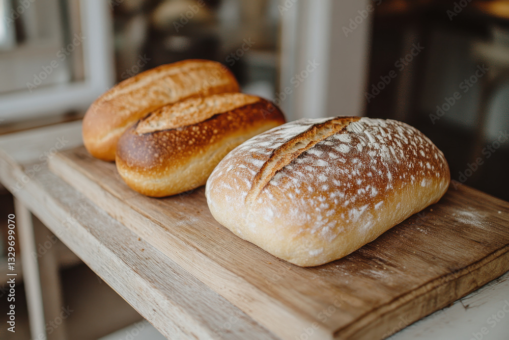 Two breads on a wooden cutting board, one whole and one sliced, surrounded by a knife, wheat grains, and a jar of honey. Two breads on a wooden cutting board, one whole and one sliced, surrounded by a knife, wheat grains, and a jar of honey.