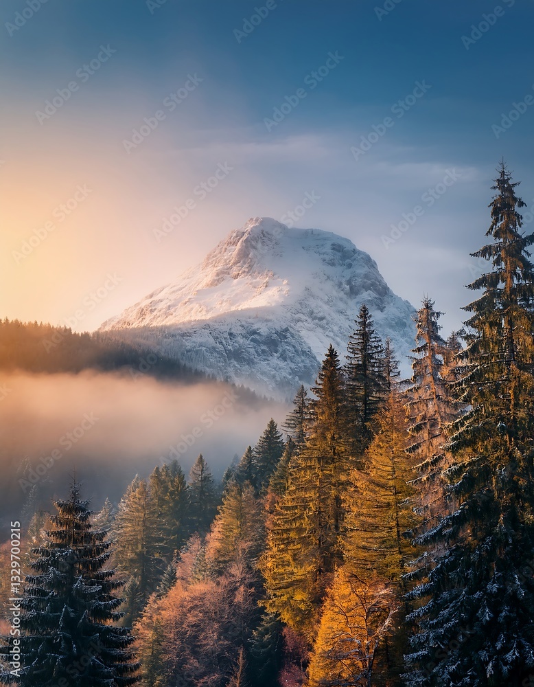 Obraz premium Snow-Covered Mountain Peak Surrounded by Dense Forest in Morning Light. Ai Generated
