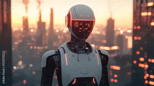 Humanoid robotics development. humanoid robot with advanced sensors stands against cityscape at sunset