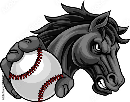 Horse mustang bronco stallion baseball softball angry sports team mascot holding a ball.