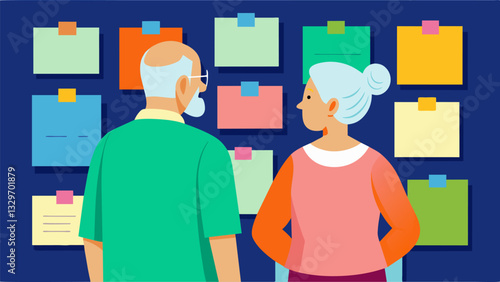 A retired couple stands in front of a bulletin board covered in colorful flyers trying to decide which classes to register for as part of their newfound love for learning.. Vector illustration
