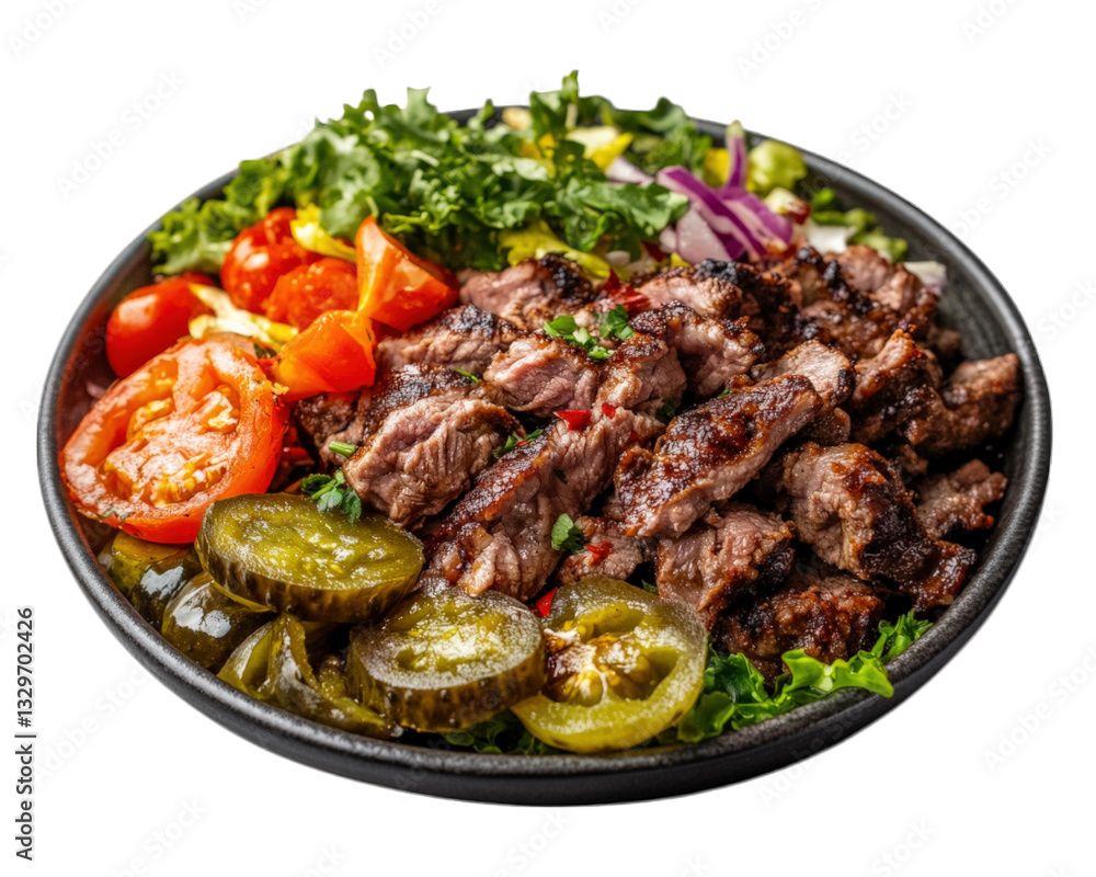 Delicious plate of grilled lamb shawarma with fresh vegetables, including tomatoes, lettuce, and pickles, served on black plate Delicious plate of grilled lamb shawarma with fresh vegetables, including tomatoes, lettuce, and pickles, served on black plate