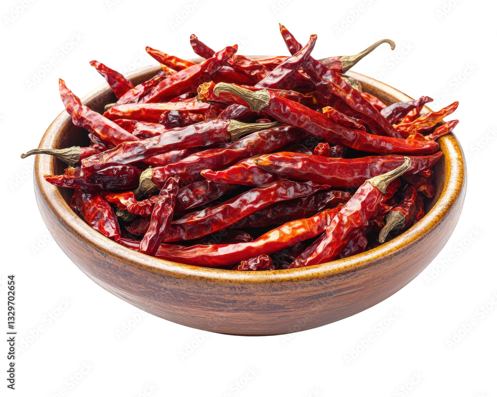 Dried red chili peppers in wooden bowl, perfect for adding spice to dishes. These vibrant peppers are essential in many cuisines, enhancing flavor and heat Dried red chili peppers in wooden bowl, perfect for adding spice to dishes. These vibrant peppers are essential in many cuisines, enhancing flavor and heat