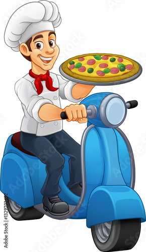 A pizza chef on a delivery scooter moped or motorcycle delivering pizza cartoon mascot illustration