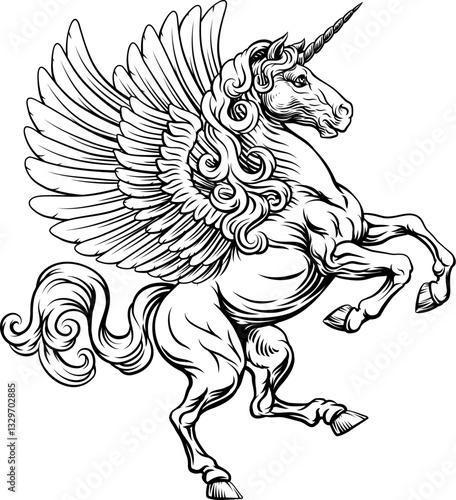 Unicorn horn Pegasus flying horse with wings mythological animal from myth. For a crest in rampant pose. Heraldic coat of arms heraldry design element in a vintage illustration style.