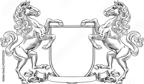A heraldry crest horse family coat of arms heraldic shield emblem design in an old medieval vintage style