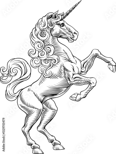 A heraldry coat of arms crest style rearing heraldic Unicorn standing on hind legs in a vintage style