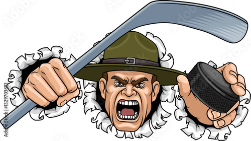 An angry drill instructor or sergeant bootcamp army soldier cartoon character holding hockey stick and puck ice hockey sports team mascot illustration.