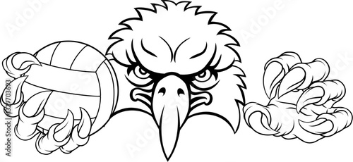 An eagle or hawk bird volleyball animal sports mascot holding a volley ball in his claw