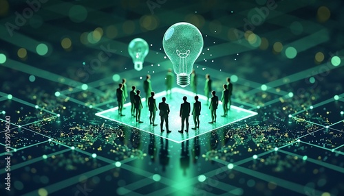 Stylized infographic of ESG analytics system with virtual avatars interacting on blockchain background
