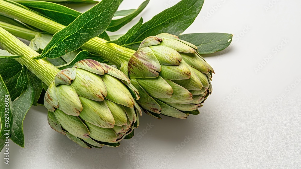 Top-down view of two fresh artichokes, emphasizing their geometric leaf structure on a neutral white background. Top-down view of two fresh artichokes, emphasizing their geometric leaf structure on a neutral white background.