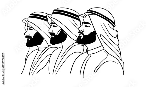 Emirati 3 mans in traditional clothes, continuous line art drawing. Muslim in a hijab. Vector illustration isolated on white background.