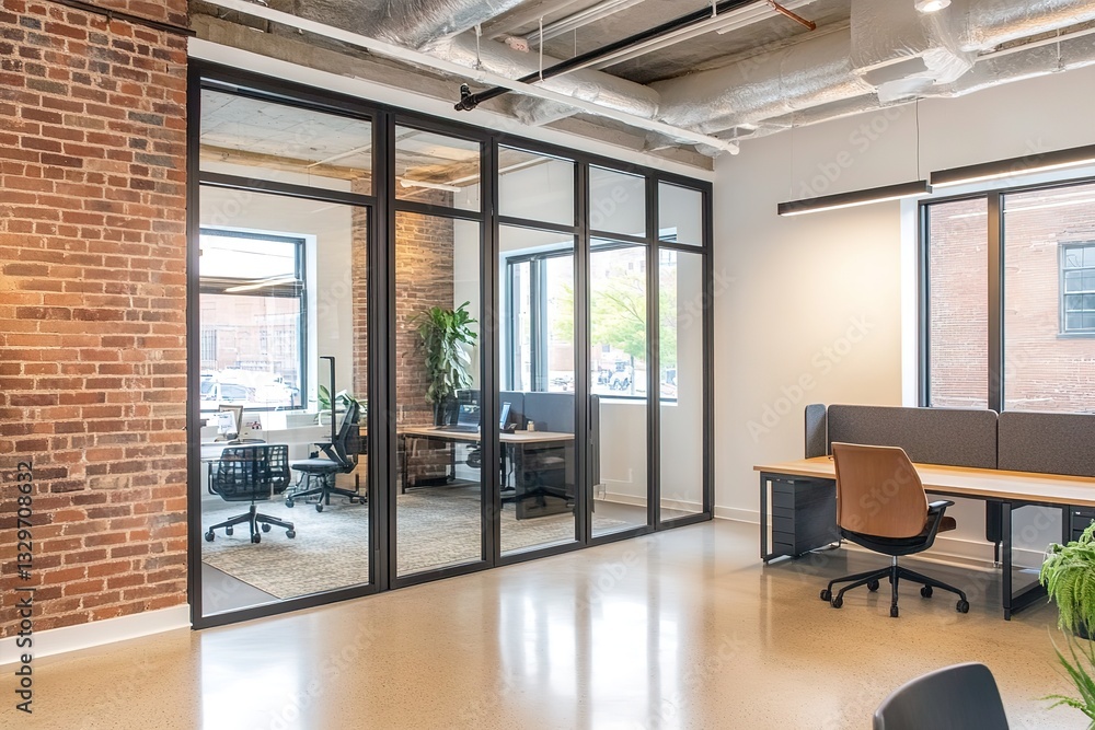Fototapeta premium Modern Office Interior Design Glass Partitions, Brick Wall, Open Workspace