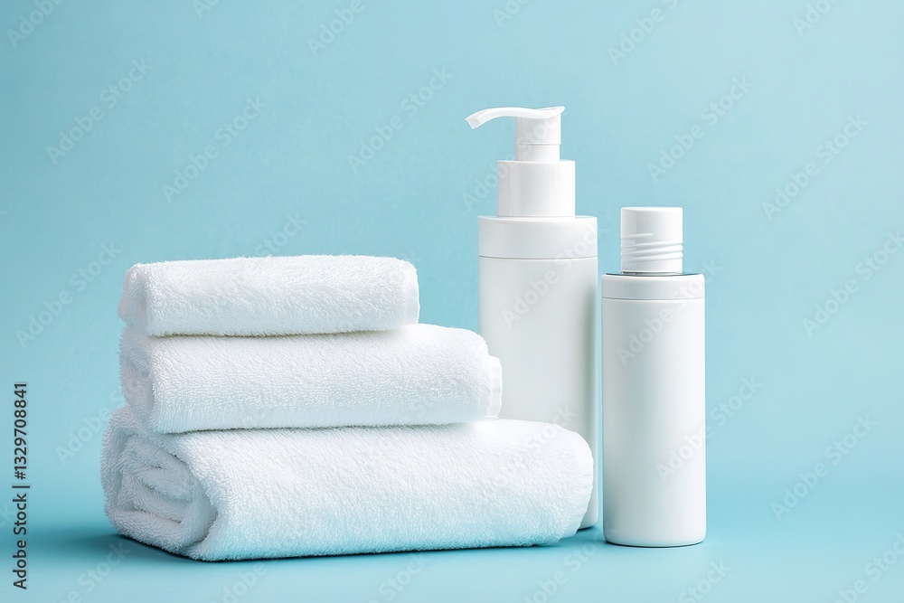 Spa Products Mockup White Bottles & Towels on Blue Background Spa Products Mockup White Bottles & Towels on Blue Background