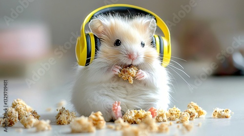 Adorable hamster wearing yellow headphones munching on snack crumbs in a cozy indoor setting