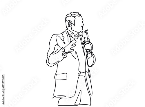 Business conference, business meeting. Man at rostrum in front of audience. Public speaker giving a talk at conference hall- continuous line drawing
