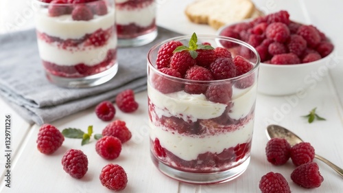 Wallpaper Mural Beautiful layered dessert with raspberries and cream in a glass on a white background Torontodigital.ca