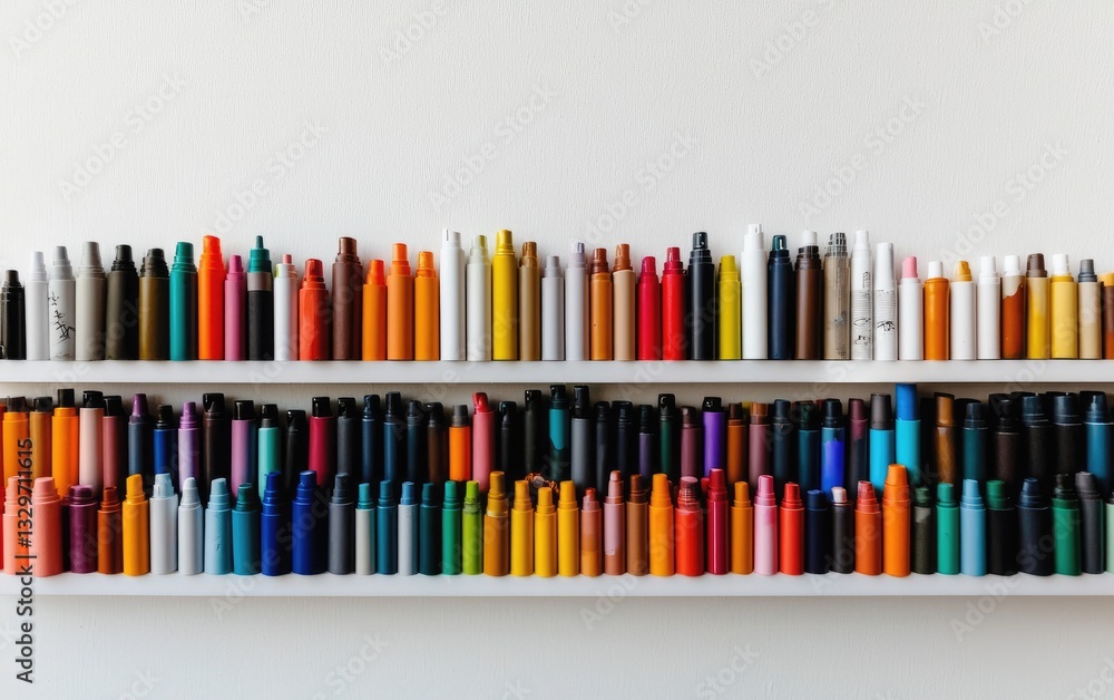 Fototapeta premium Colorful Markers Organized On A White Shelf Against A Textured White Wall