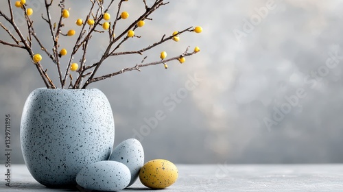 Pastel Blue Vase with Yellow Berry Branches and Speckled Easter Eggs
