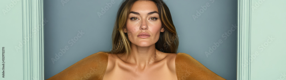 Model poses confidently in studio setup with neutral background and striking makeup