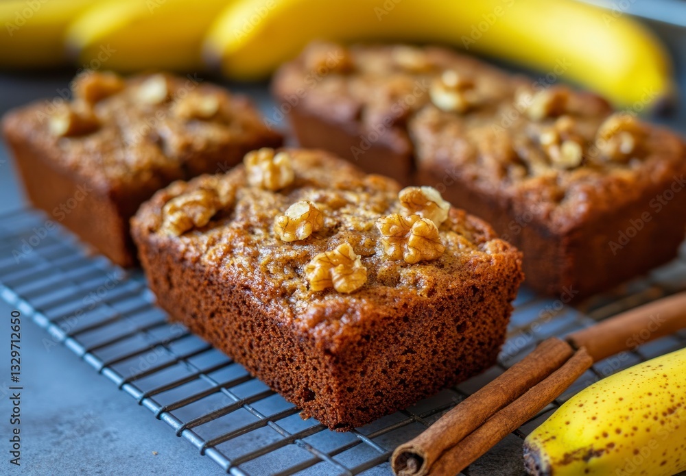 Banana Bread Loaves with Walnuts on Cooling Rack and Bananas Banana Bread Loaves with Walnuts on Cooling Rack and Bananas