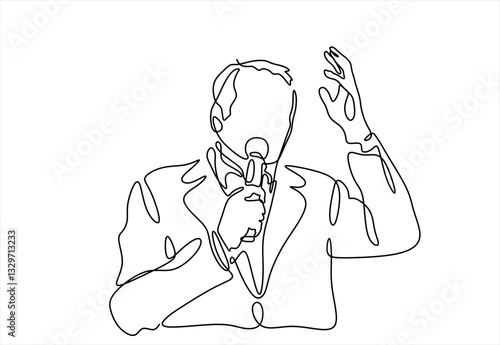 Business conference, business meeting. Man at rostrum in front of audience. Public speaker giving a talk at conference hall- continuous line drawing
