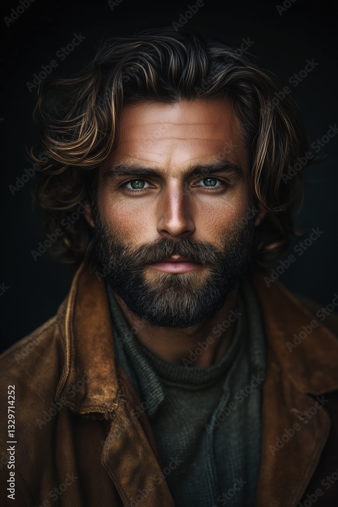 A close-up portrait of a man with long, wavy hair and a full beard, wearing a brown jacket. His piercing blue eyes and strong facial features create a striking appearance against a dark background. A close-up portrait of a man with long, wavy hair and a full beard, wearing a brown jacket. His piercing blue eyes and strong facial features create a striking appearance against a dark background.