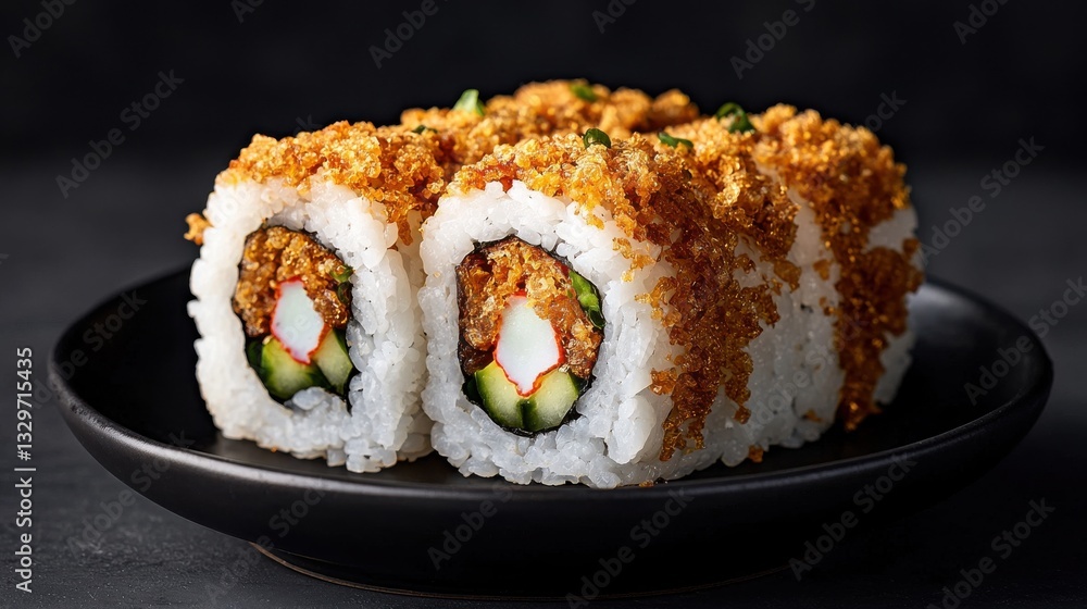 Crispy Crunchy Sushi Rolls on Dark Plate Crispy Crunchy Sushi Rolls on Dark Plate