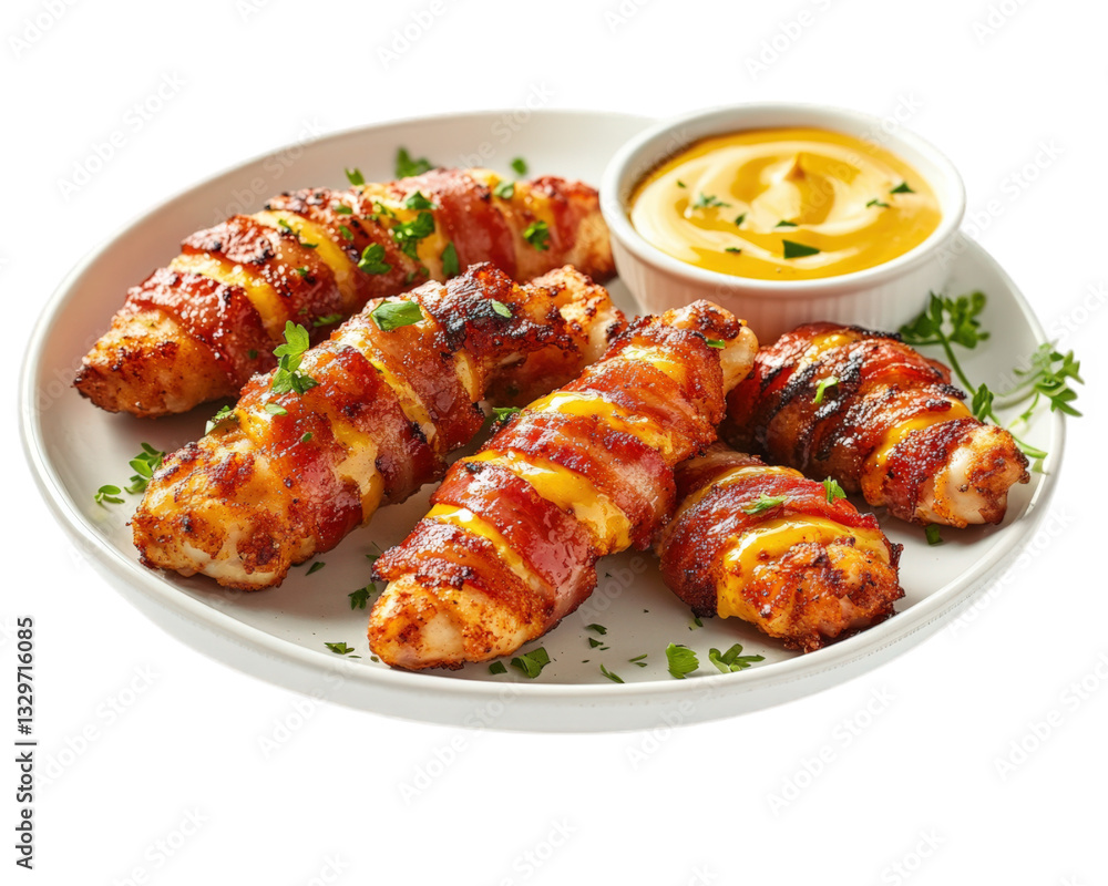 Crispy bacon wrapped chicken tenders served with side of honey mustard sauce, garnished with fresh herbs for delicious and savory meal Crispy bacon wrapped chicken tenders served with side of honey mustard sauce, garnished with fresh herbs for delicious and savory meal
