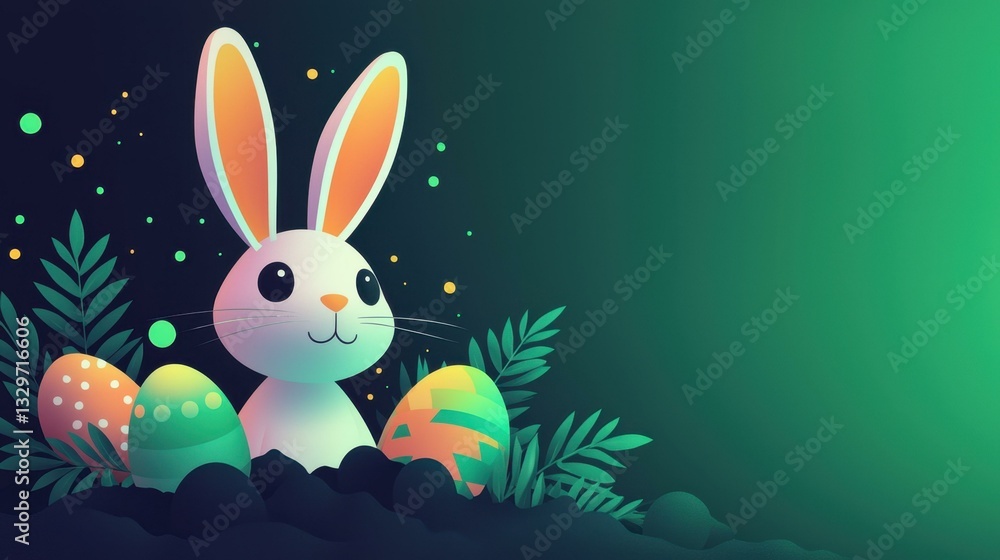 Cheerful Easter card design with bunny, dyed eggs, and springtime foliage, green tones. Festive holiday banner background, adorable cartoon animal illustration. Copy space. Cheerful Easter card design with bunny, dyed eggs, and springtime foliage, green tones. Festive holiday banner background, adorable cartoon animal illustration. Copy space.