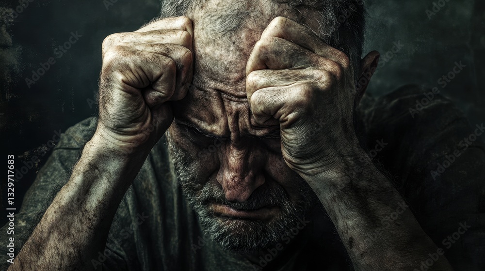 A man with a pained expression, holding his head in his hands, yet his clenched fists show his determination to keep fighting. A man with a pained expression, holding his head in his hands, yet his clenched fists show his determination to keep fighting.