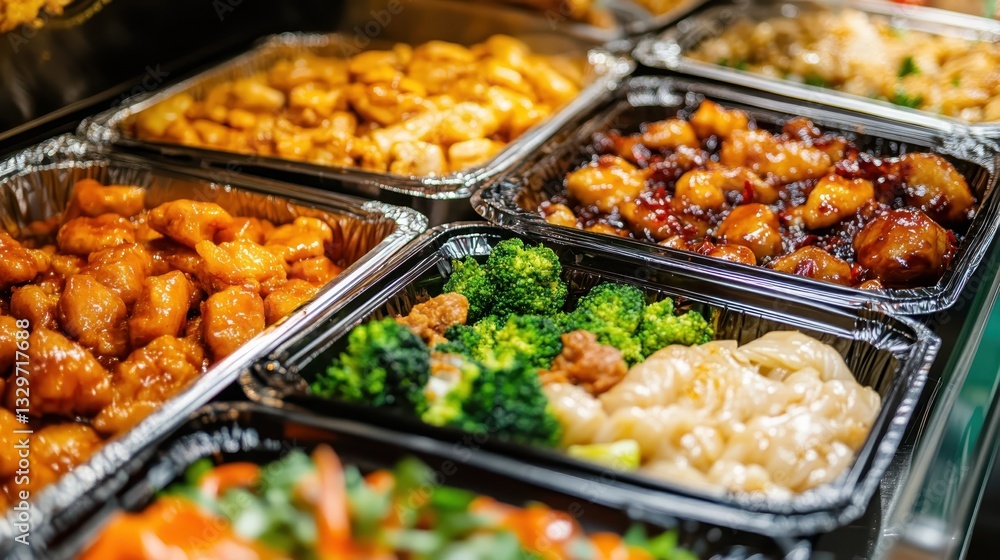 Various delicious Asian dishes served in black containers displayed on a table at a local food market during lunchtime Various delicious Asian dishes served in black containers displayed on a table at a local food market during lunchtime