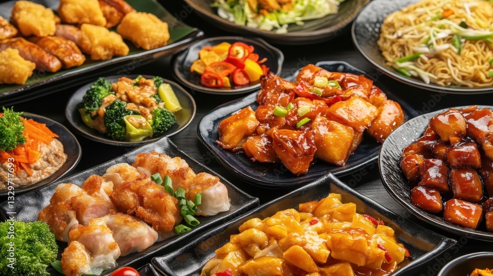 Delicious assortment of Asian dishes served at a vibrant restaurant during dinner time featuring a variety of flavors and textures Delicious assortment of Asian dishes served at a vibrant restaurant during dinner time featuring a variety of flavors and textures