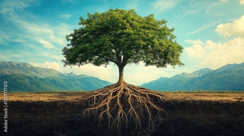 Wallpaper Mural Majestic Tree with Exposed Roots Against Mountainous Landscape Torontodigital.ca