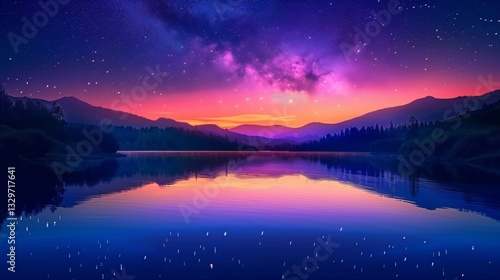 A serene lake mirrors a starry night sky with vivid hues of purple, pink, and orange from a sunset. Silhouetted mountains and trees frame the tranquil scene, under the Milky Way