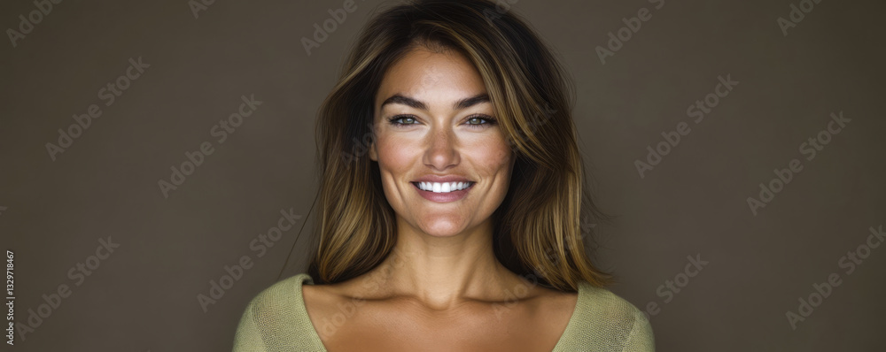Smiling woman with long hair displaying confidence and warmth in a neutral setting Smiling woman with long hair displaying confidence and warmth in a neutral setting