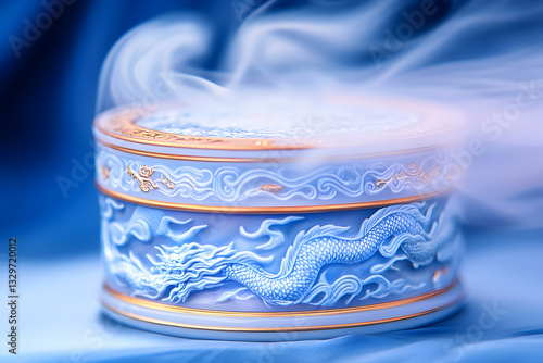 Elegant, light blue decorative box with dragon carvings, surrounded by smoke