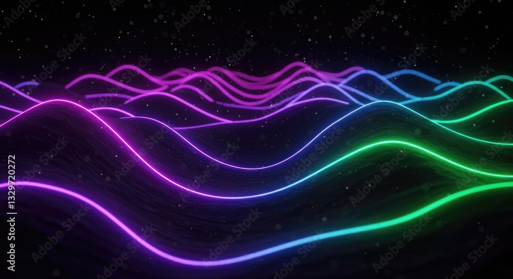 an otherworldly terrain with smooth, neon-lit ridges in purple and green, enhanced by a scattering of twinkling lights on a black abyss an otherworldly terrain with smooth, neon-lit ridges in purple and green, enhanced by a scattering of twinkling lights on a black abyss