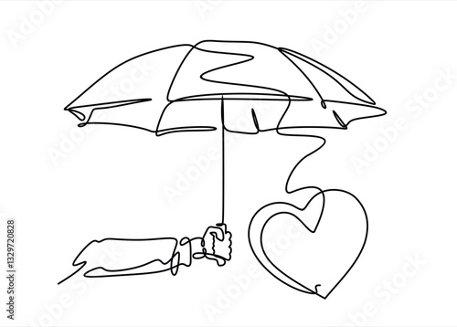 Continuous one line drawing of umbrella with heart. opened umbrella line art vector illustration.