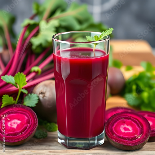 Wallpaper Mural Beet juice in a clear glass. Fresh beets, herbs and a cutting board in the background.  Torontodigital.ca