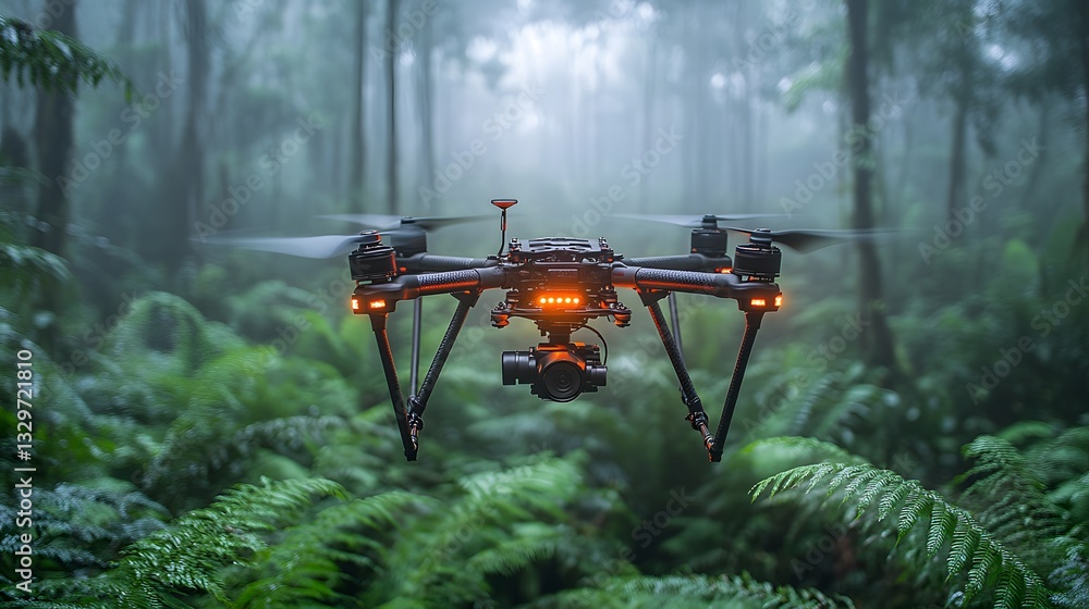 Naklejka premium Drone technology collecting carbon sequestration data over dense tropical forests with advanced sensors
