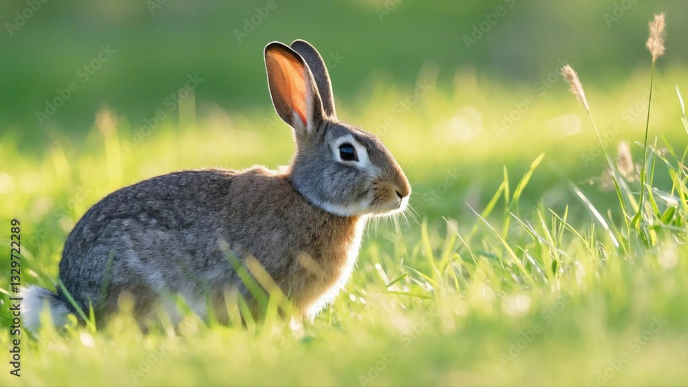 Grey-Brown Rabbit on Grass Field with Erect Ears, Wild Bunny in Natural Habitat, Outdoor Animal Portrait, Serene Meadow Scene, Cute Small Mammal, Peaceful Nature Setting Grey-Brown Rabbit on Grass Field with Erect Ears, Wild Bunny in Natural Habitat, Outdoor Animal Portrait, Serene Meadow Scene, Cute Small Mammal, Peaceful Nature Setting