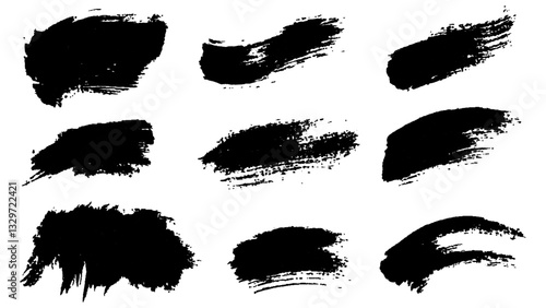 Black paint brush strokes isolated on white background. Paintbrush set template. Grunge texture effect. Graphic design elements grungy painted style concept for banner,